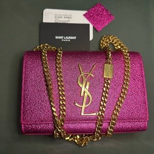 SAINT LAURENT Metallic Calfskin Small Classic Monogram Kate Satchel in Fuchsia